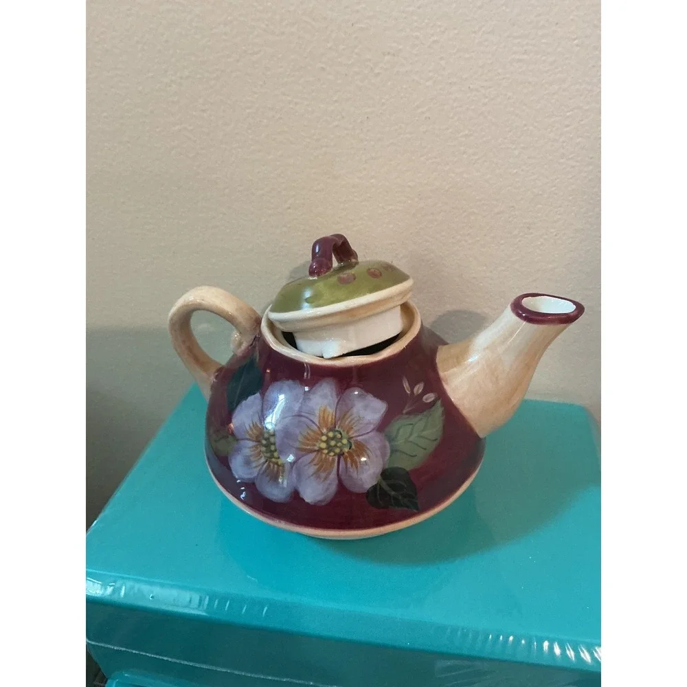 VTG Barnes & Noble Cafe Floral Ceramic Teapot Burgundy Purple Flower Cottagecore